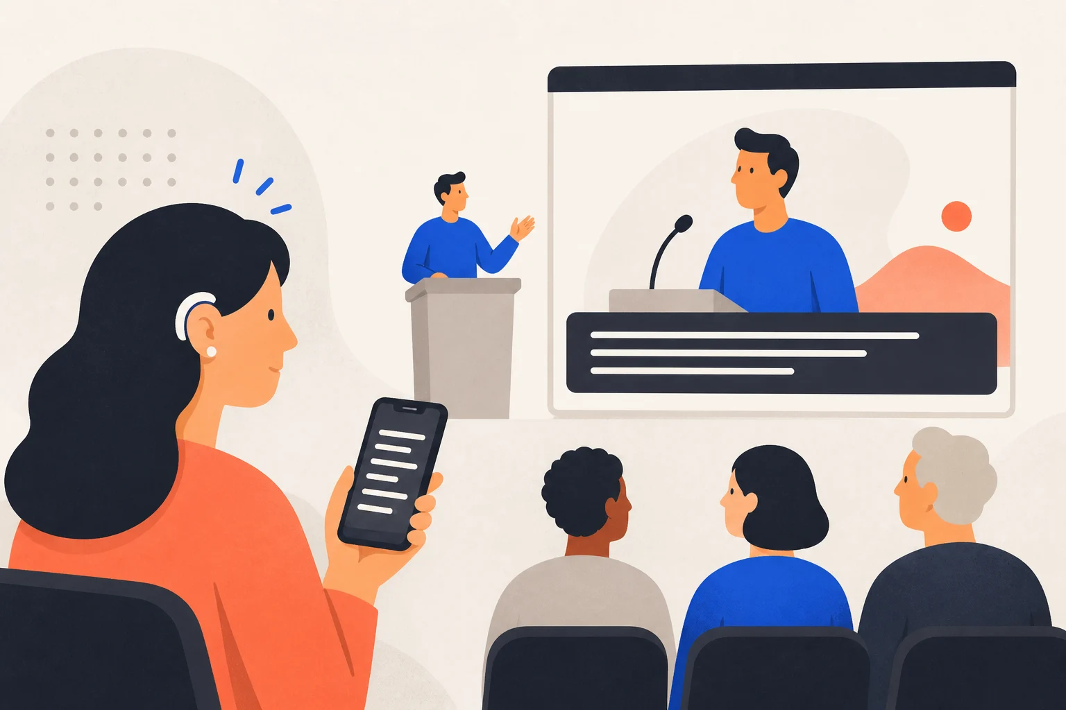 Deaf audience members reading live captions on a screen and phones