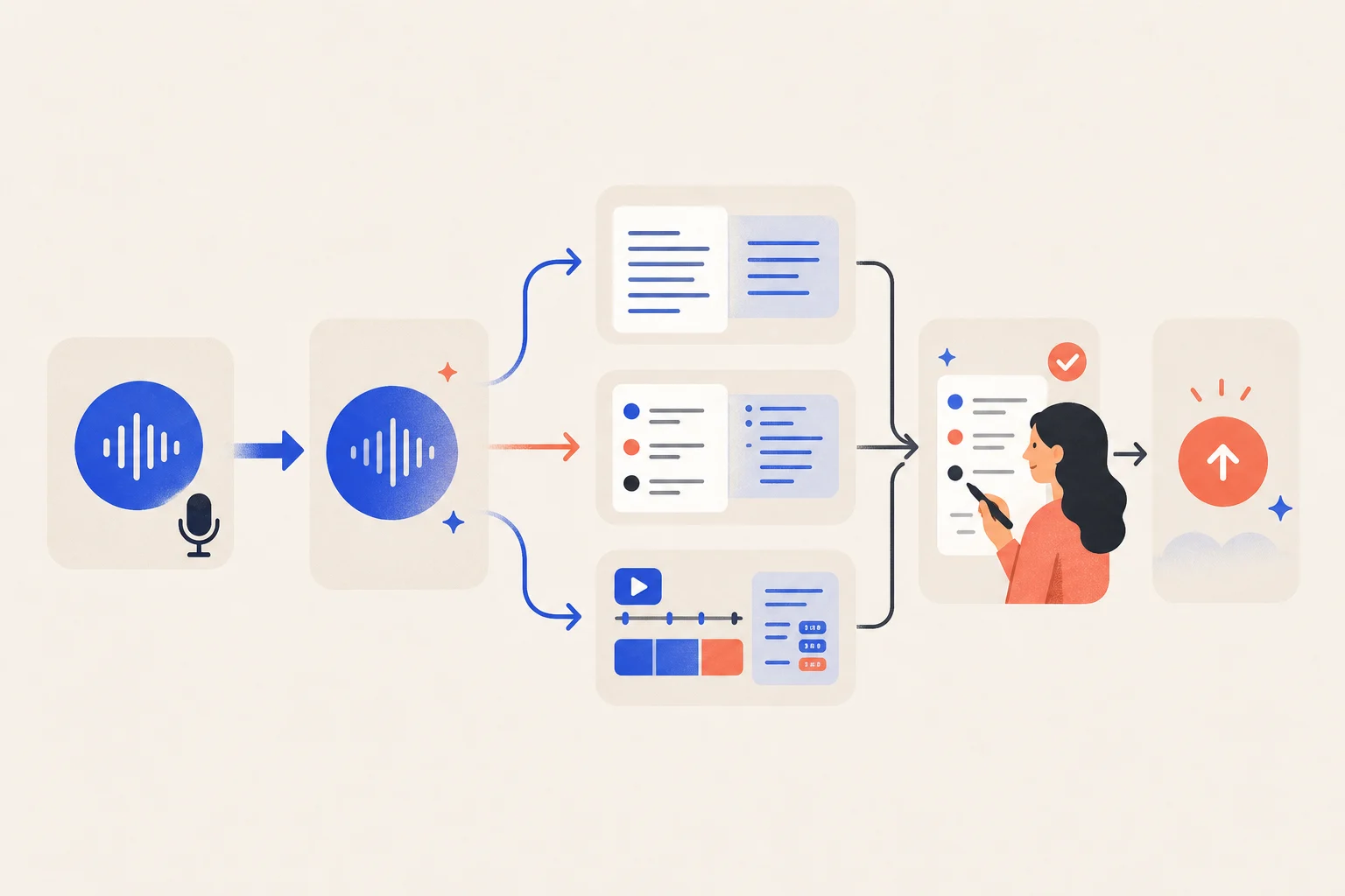 TXT, Markdown, and SRT flowing to text, meeting notes, and video editing