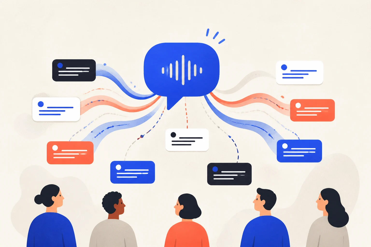 Avoce editorial illustration of one voice becoming multilingual captions for different audience members