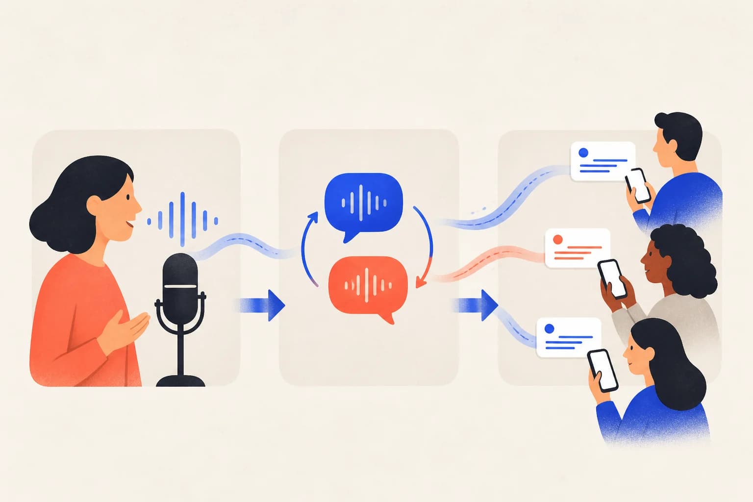 Three-step diagram from microphone capture through live translation to captions on audience phones
