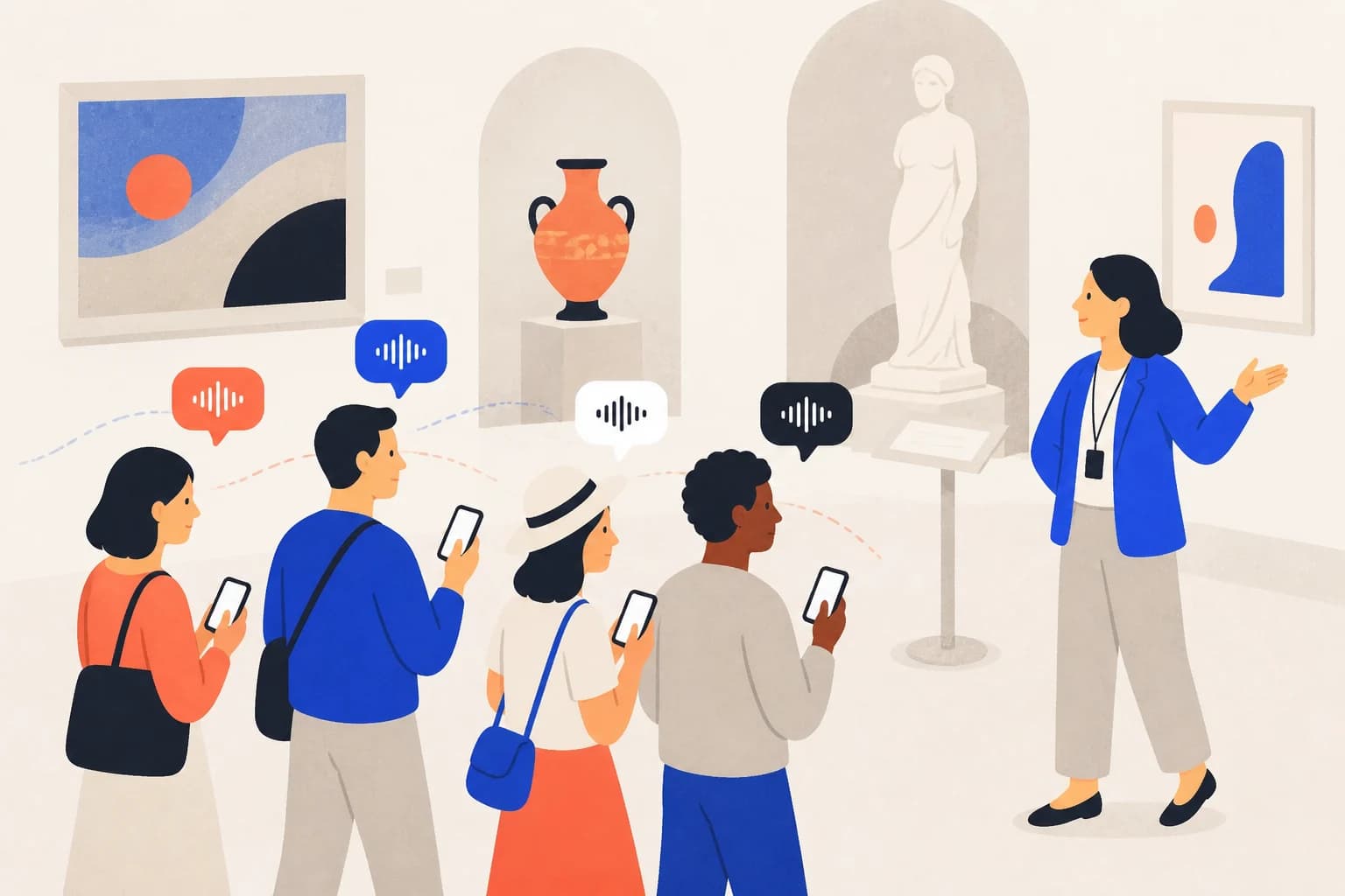 A guide speaking while international visitors read phone captions